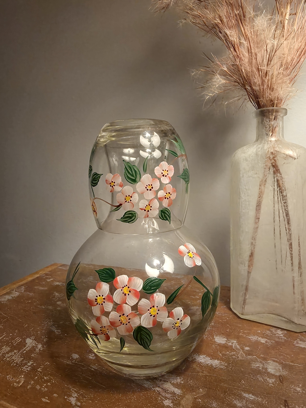 Hand-Painted Glass Vase Set with Pink Floral Design - Bedside Carafe Vintage